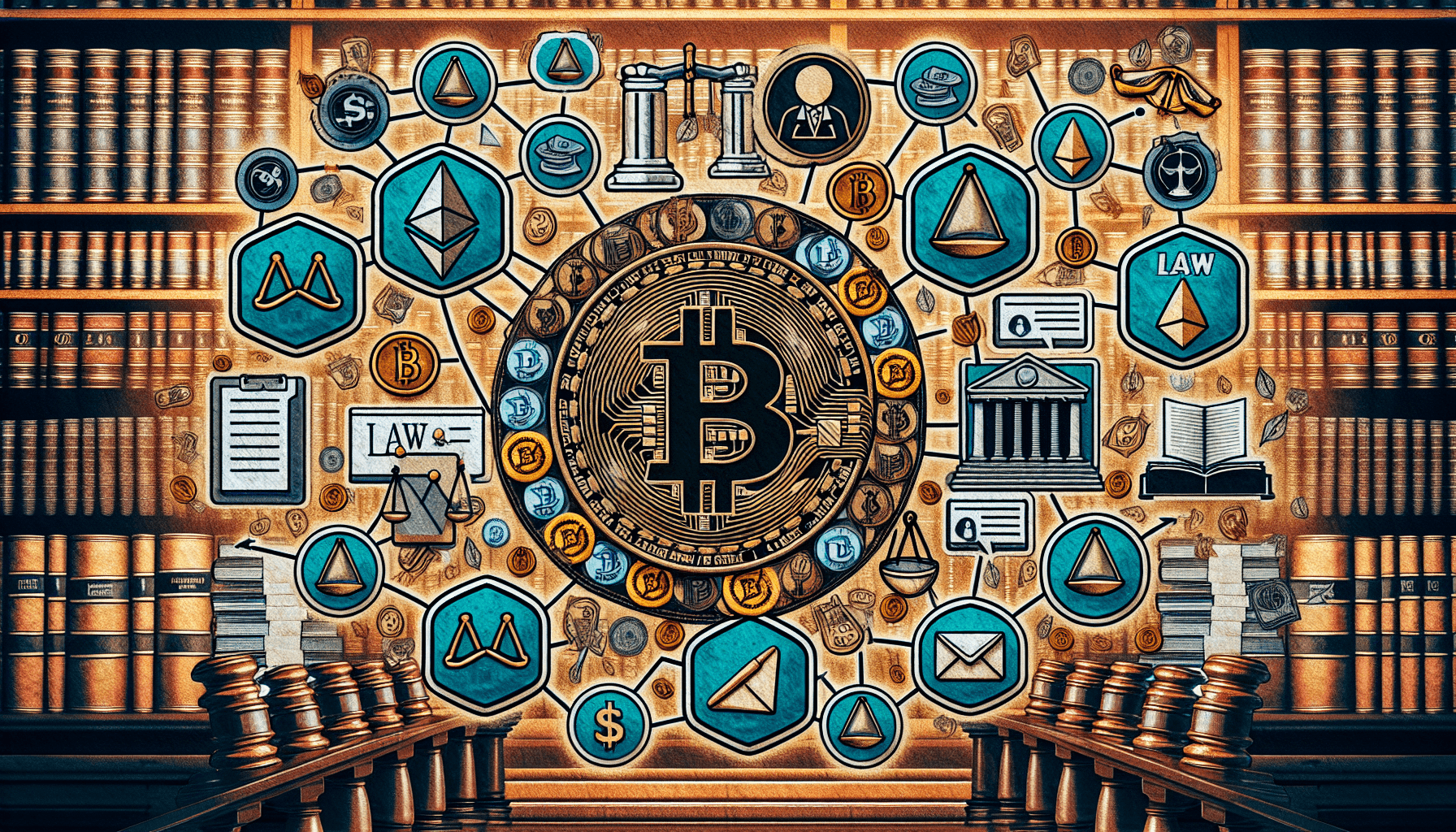 Legal background with cryptocurrency and affiliate marketing elements